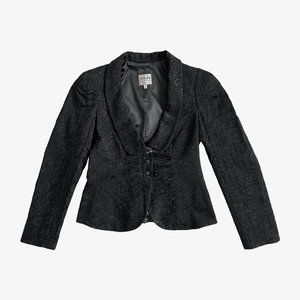 Black Floral Pattern Low Neck Crop Blazer Jacket by Armani Collezioni